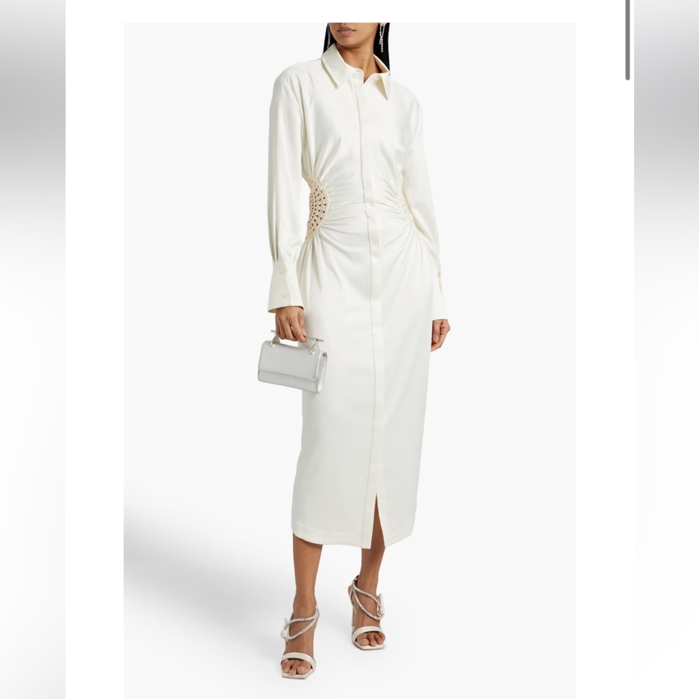 SIMKHAI
Rhoda crochet-trimmed satin-crepe midi shirt dress